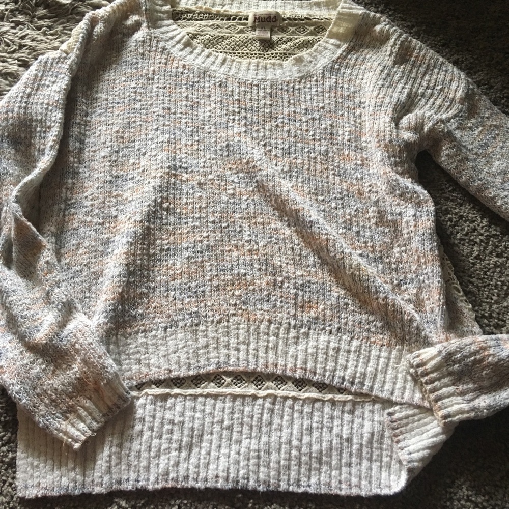 Orange,cream, and blue crochet back sweater